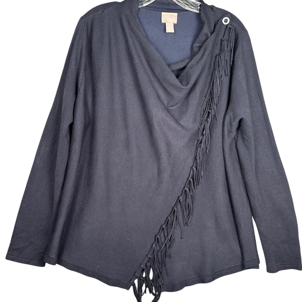 Chicos Cardigan Sweater Navy Blue Wrap Size 1/M Asymmetrical Fringe Lagenlook‎ - Picture 2 of 9